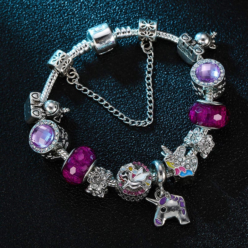 MUERDOU Mother Charms Bracelet for Women Murano Glass Beads Butterfly Flower Charms Amethyst Bracelets (Unicorn charm bracelet) - Image 2